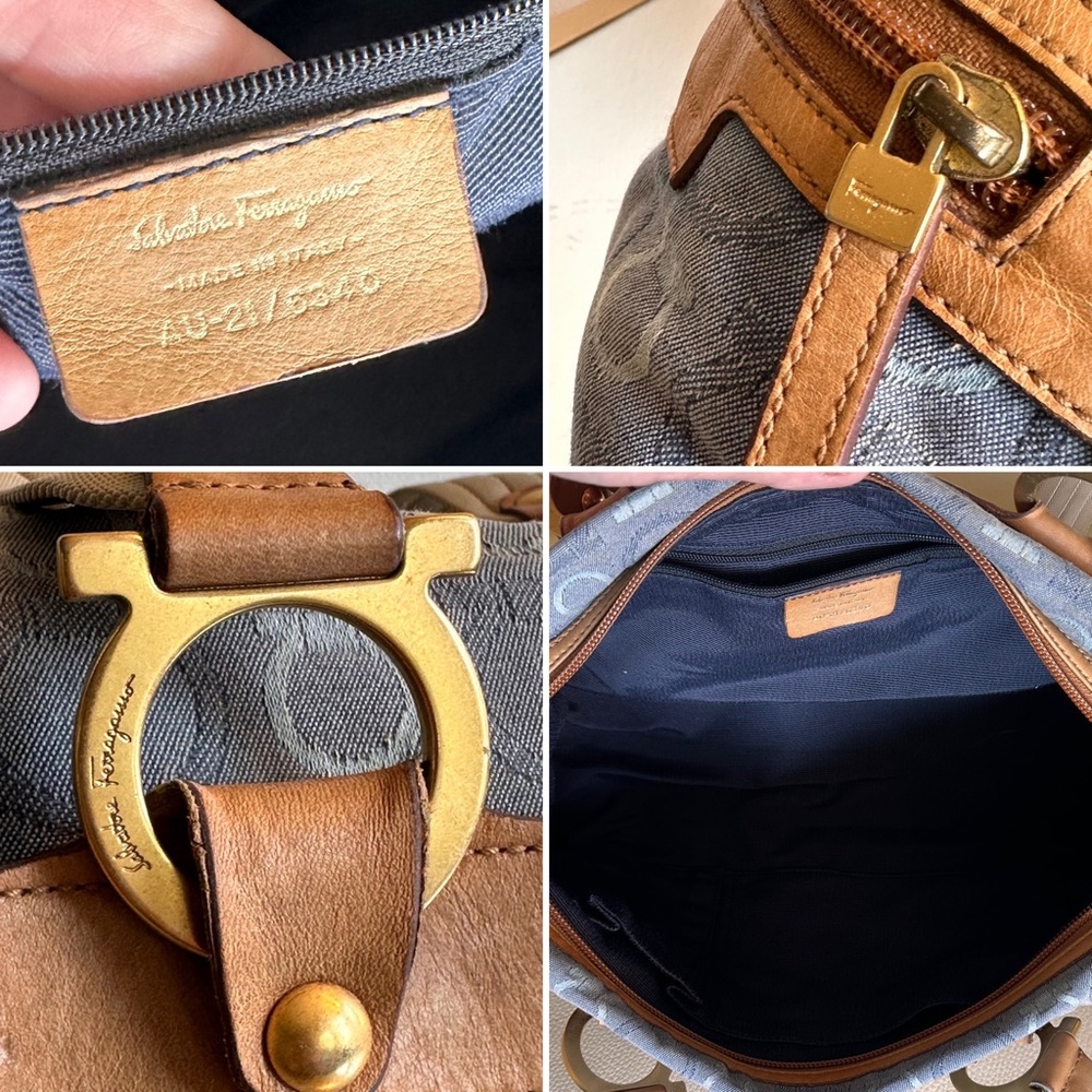 Ferragamo cotton blue denim shoulder satchel leather w/dustbag #H76c - Picture 8 of 10